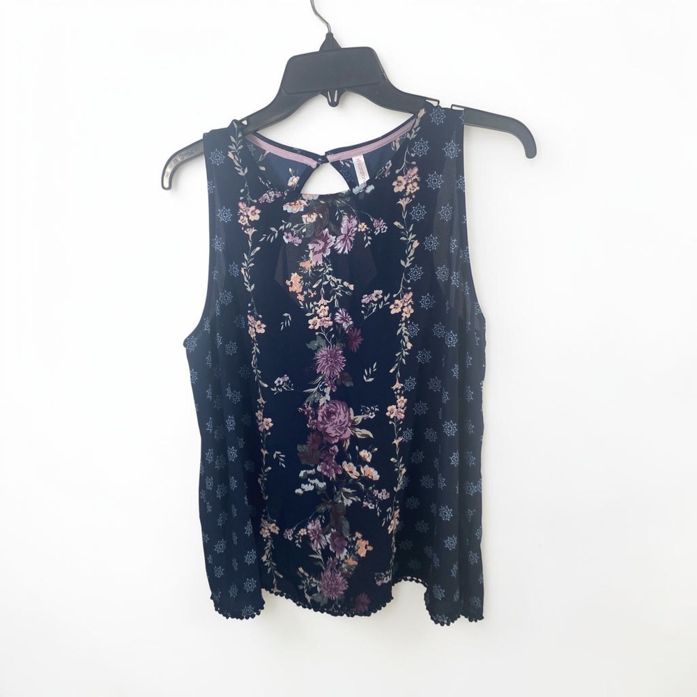 Xhilaration Navy Blue Floral Medallion Sleeveless Blouse Keyhole Back XL